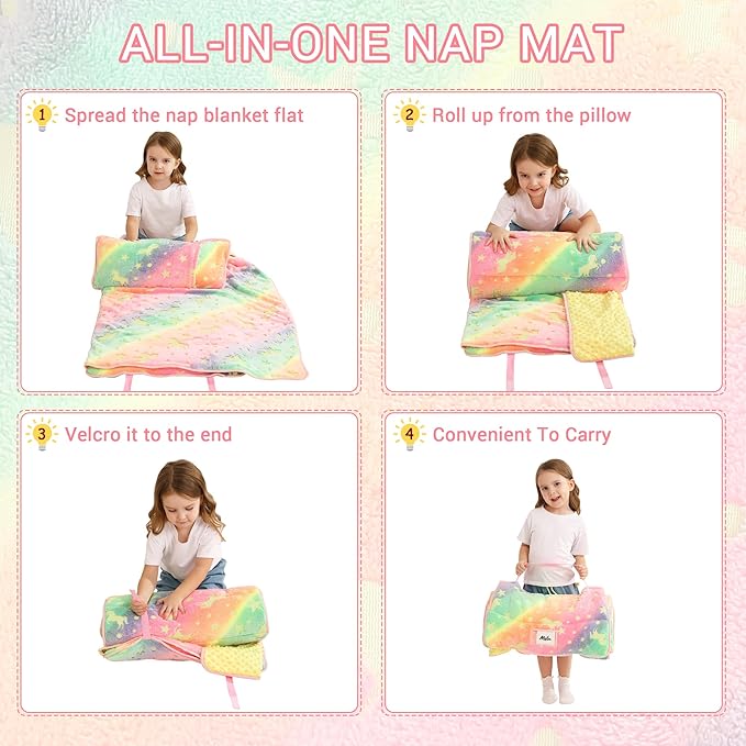 Lasoftan Toddler Nap Mat with Pillow and Blanket, Extra Large Rolled Napping Mats,Slumber Bags for Boys Girls,Kids Sleeping Bag for Daycare, Preschool Travel Camping