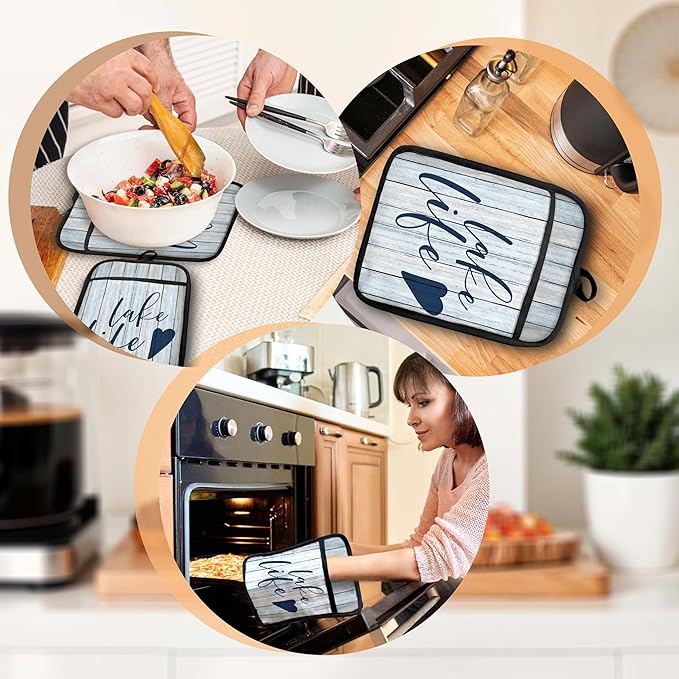 Lake Life Gifts Pot Holders with Pockets, Lake Life House Gifts for Women Oven Pot Holders Heat Resistant Oven Mitts Hot Pads for Kitchen Baking Cooking (Blue)