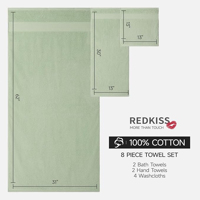 REDKISS Green Towel Set of 8-100% Cotton Luxury Bath Towels Set for Bathroom, 600 GSM Highly Absorbent Bathroom Towel with 2 Large Bath Sheet, 2 Hand, 4 Washcloths, Green Shower Towels for Dorm