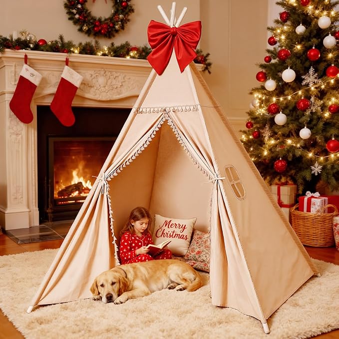 Sumbababy Large Teepee Tent for Kids Indoor - Cotton Canvas Slumber Play Tents for Adults - Foldable Sleepover Tents for Girls Boys Party Gift Toy, Khaki