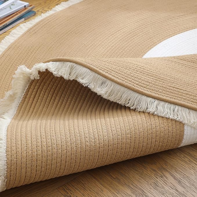 Handwoven 4ft Round Cotton Rope Rug with Tassel Trim – Washable Boho Braided Circle Rug for Bedside, Nursery, Entryway – Beige & White, Soft & Durable