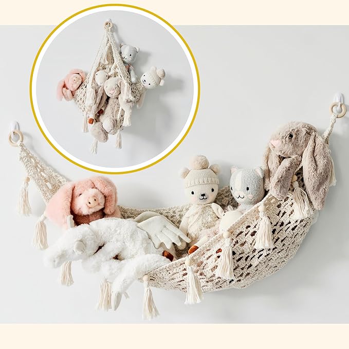 Sasa Baby and Toddler Macrame Hanging Net for Stuffed Toys - Corner Hammock Organizer for Plush Animals, Buttercream