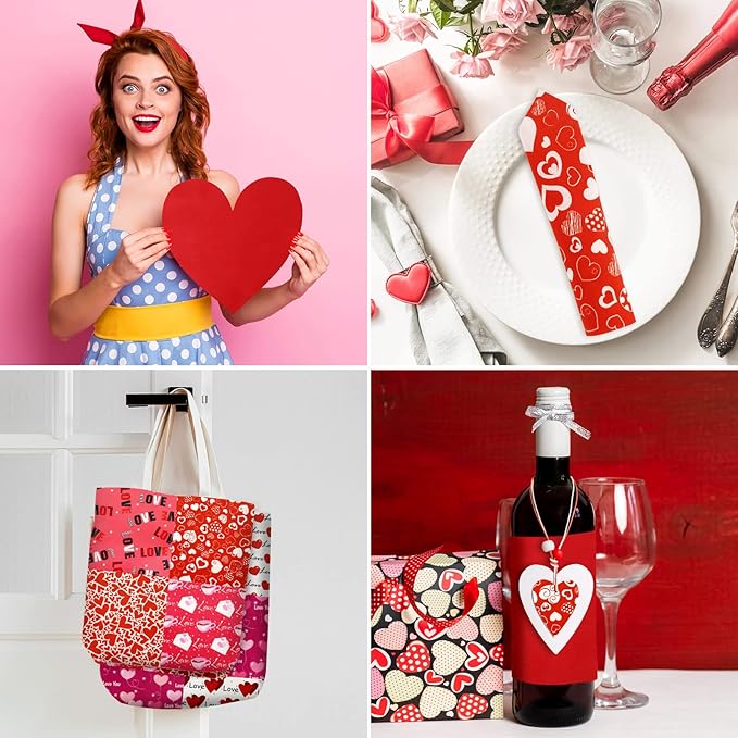 Whaline 20Pcs Valentine's Day Cotton Fabric Bundles Rose Red Pink Heart Love Printed Fat Quarters Quilting Patchwork 9.8 x 9.8Inch Squares Sewing Fabrics for DIY Handmade Crafting Home Party Decor