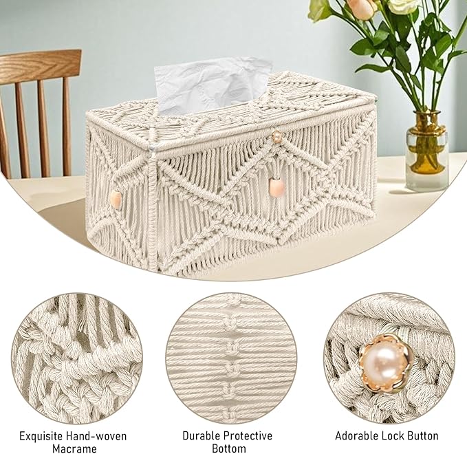 KaloKalo Handmade Tissue Box Cover Rectangle Decorative Macrame Boho Tissue Holder Cotton Rope Woven Napkin Facial Paper Organizer Bohemian Desk Storage Container with Buckle Wood Beads (Ivory)
