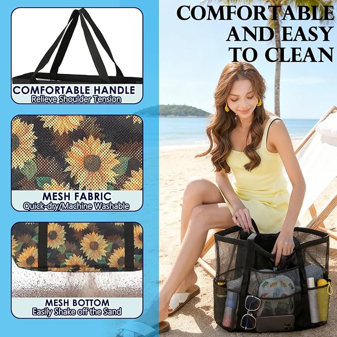 Fammart Mesh Beach Bag, Large Beach Tote with Zipper Pocket for Family Pool Bag for Toys & Vacation Essentials