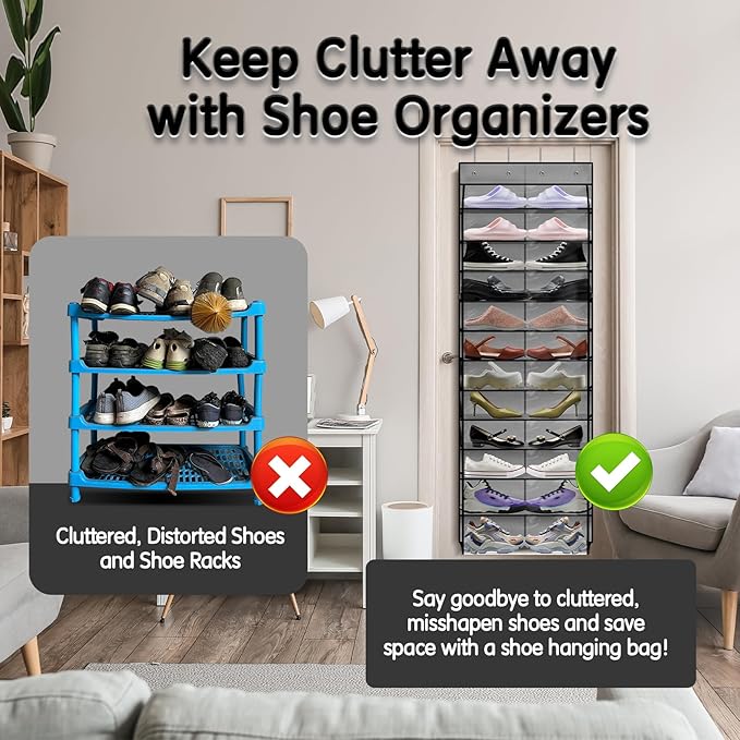 Kotkn Over The Door Shoe Organizer with 12 Large Breathable Pockets - Sturdy Hanging Storage for Shoes of All Ages - Gray