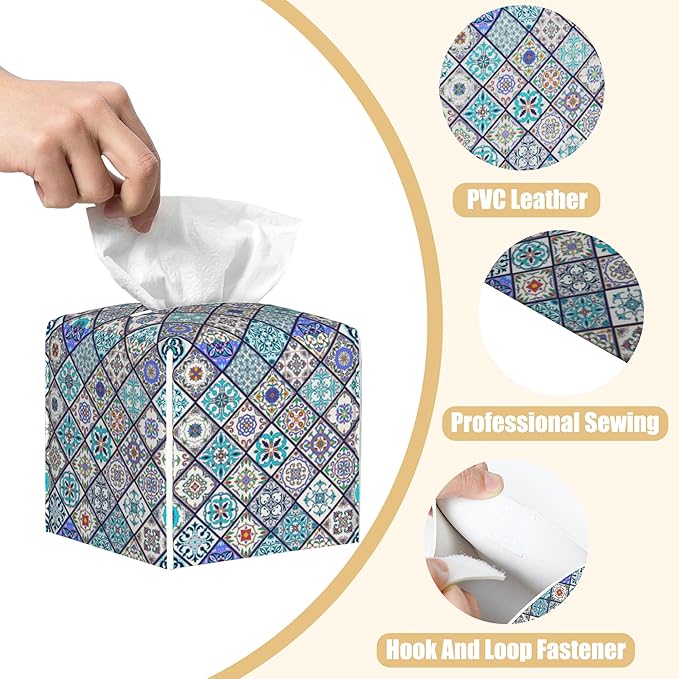BLYKVGHQ Square Tissue Box Cover Vintage Ceramic Tiles Tissue Box Holder Facial Cube Paper Dispenser Leather Decorative Organizer Home Office Desk Decor, 5.2"x5.2"x5.2"