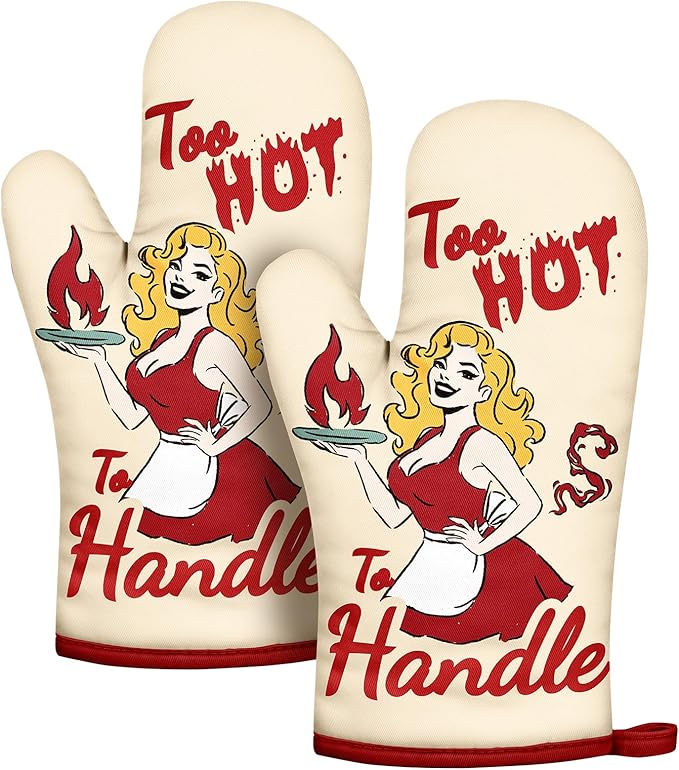 Slohif Funny Oven Mitt Heat Resistant for Women - 2 Pack Red Cooking Woman Cute Novelty Cool Kitchen Oven Mittens with 100% Cotton for Baking and Cooking Accessories