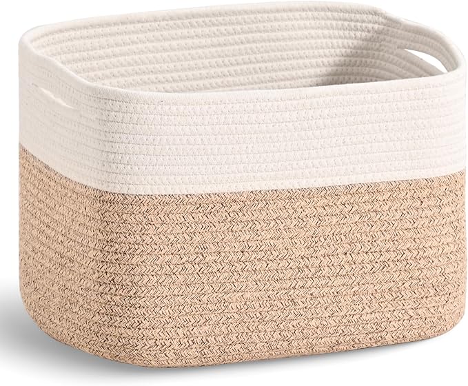 ICERZCZ Woven Cotton Rope Storage Basket for Organizing, Cute Decorative Baskets for Gifts Empty, Organizer Bins for Dog Toy, Baby Laundry, 15“×11”×9.5“, Off White & Brown