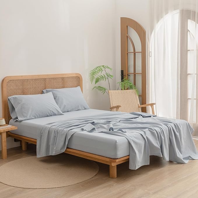 BESTOUCH Sheet Set 100% Washed Cotton Linen Feel Super Soft Comfortable Chic Lightweight 3 Pcs Home Bedding Set Solid Cornflower Blue Twin