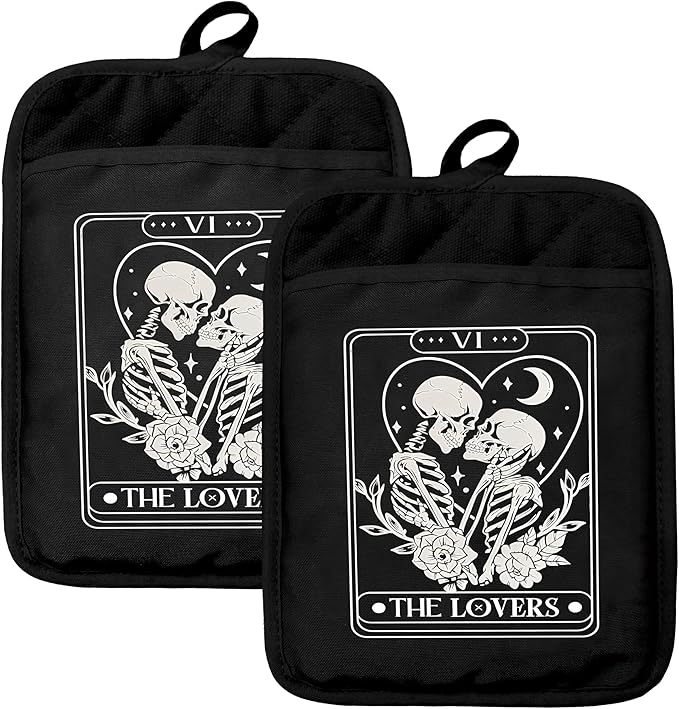 Gothic Couple Skeleton Oven Mitts Set, Couple Gifts for Him and Her, The Lovers Tarot Card Goth Heat Resistant Kitchen Oven Gloves for Baking and Cooking,Pot Holders