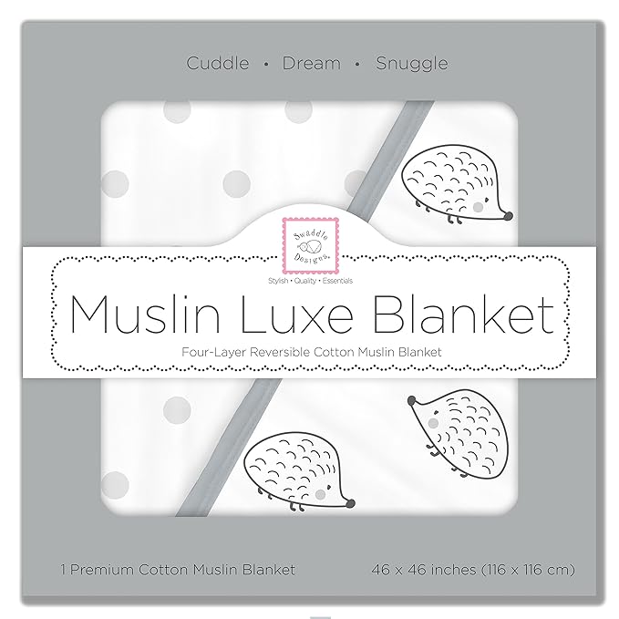 SwaddleDesigns 4-Layer Cotton Muslin Luxe Blanket, Baby and Toddler Cuddle and Dream, 46x46 inches, Black Hedgehogs and Dots