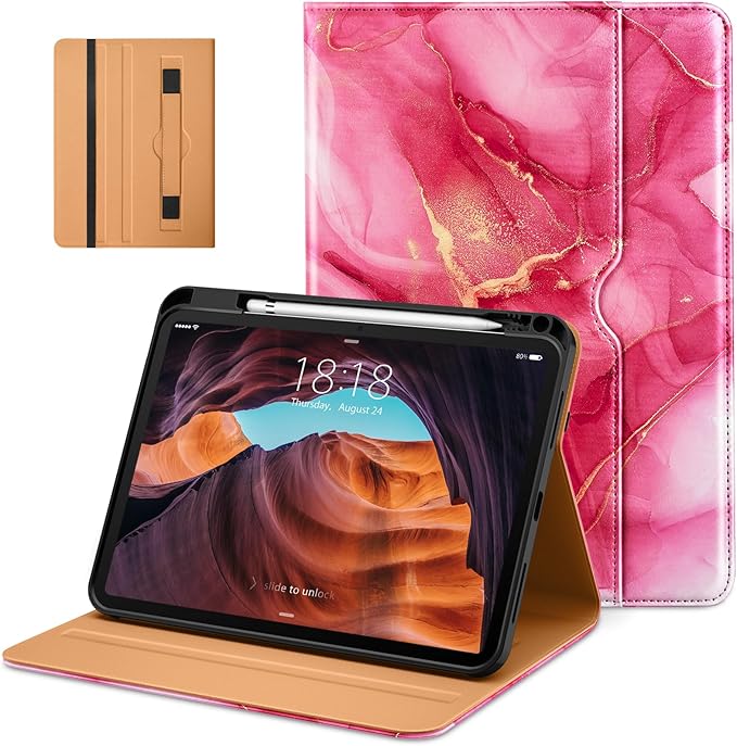 DTTO for iPad (A16) 11th Generation Case 11 Inch 2025, iPad 10th Generation Case 10.9 Inch 2022, Premium Leather Business Folio Stand Cover with Pencil Holder - Auto Wake/Sleep, Red Marble