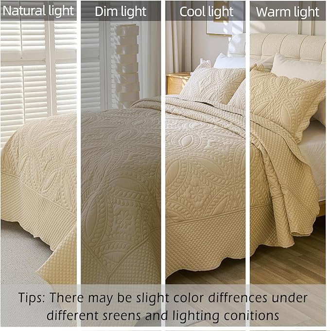 Cmfshape Oversize King Bedspread 114"x102",3 Pieces California King Size Quilt,Lightweight Beige Quilt Set for All Season,Modern Coin Pattern Bedding Set(1 Quilt,2 Pillowshams)