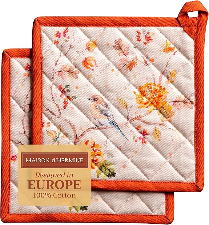Maison d' Hermine Pot Holders Set 100% Cotton Heat Resistant Potholders 8" x 8" Hot Pads with Loop for Thanksgiving Christmas Decorations BBQ Baking Handling Hot Pans (Pack of 2, Kelim - Prairie)