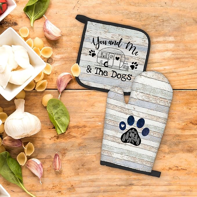 Camper Dog Lover Gifts Oven Mitts and Pot Holders Sets, Gifts for Camping Dog Lovers Kitchen Accessories Sets, Camping Dog Themed Heat Resistant Oven Glove Potholders for Rv Kitchen Cooking BBQ