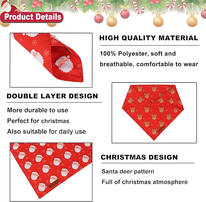 ADOGGYGO Red Christmas Dog Bandanas, Santa Reindeer Print Pet Scarf, Premium Durable Fabric, Red Christmas Bandanas for Extra Large Dogs (X-Large)