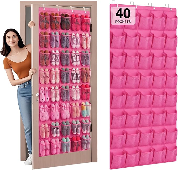 Hualleko 40-Pocket Over the Door Shoe Organizer - Large Mesh Pocket Hanging Shoe Organizer,Behind the Door Shoes Storage Holder Hanger