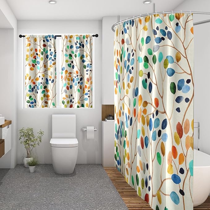 Culudea Colorful Leaves Ivory Shower Curtain Set, Floral Modern Boho Bathroom Window Waterproof Shower Curtain Set for Bathroom Decor