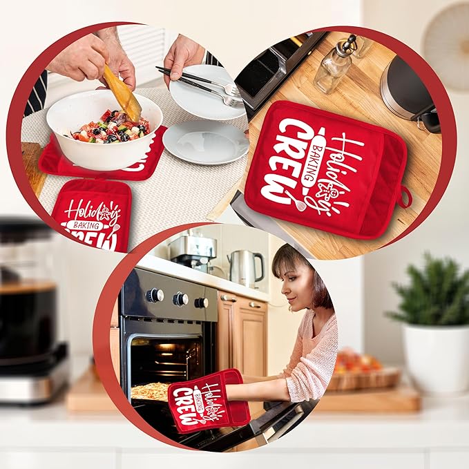 Christmas Holiday Baking Crew Pot Holders with Pockets, Red Christmas Gingerbread Baker Oven Pot Holders Heat Resistant Oven Mitts Hot Pads for Kitchen Baking Cooking