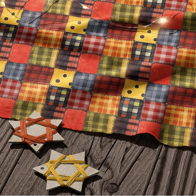Harvest Plaid Patchwork Cotton Fabric Panel 61 × 36.6 Inches, Cozy Fall Checkered Print Cotton 140 GSM, Pre-Cut Sewing Fabric for Quilting, Crafts & Home Decor (USA Size)