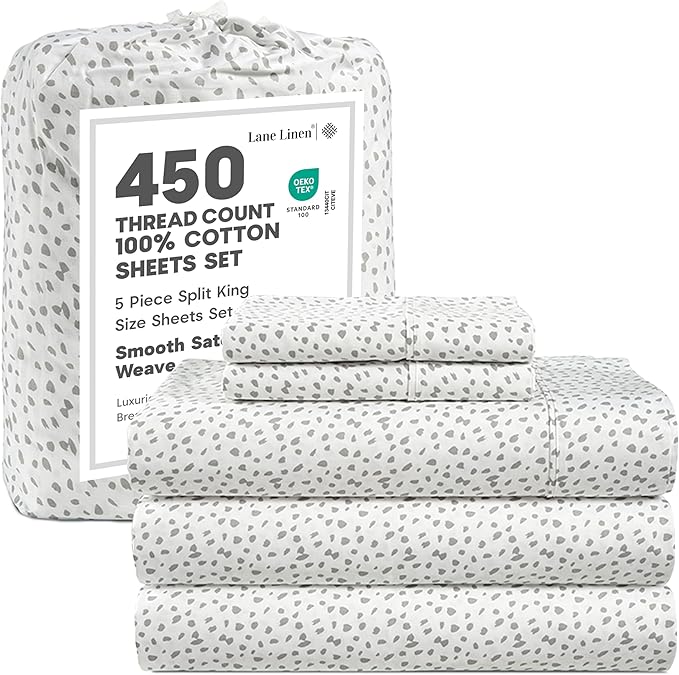 Lane Linen Split King Cotton Sheets Sets for Adjustable Bed – 450 Thread Count Soft Sateen Sheets, Cooling & Breathable, 15” Deep Pocket Fully Elasticized Fitted Sheet, Luxury Hotel Bedding, Misty Dot