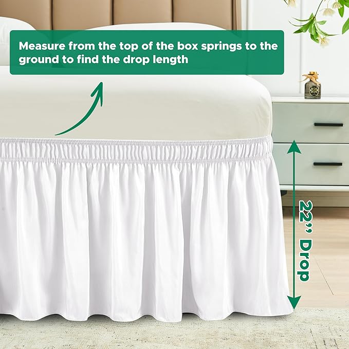 Biscaynebay Wrap Around Bed Skirts for Twin & Twin XL Beds 22" Long Drop, White Adjustable Elastic Dust Ruffles Easy Fit Wrinkle Resistant Silky Luxurious Fabric Machine Washable