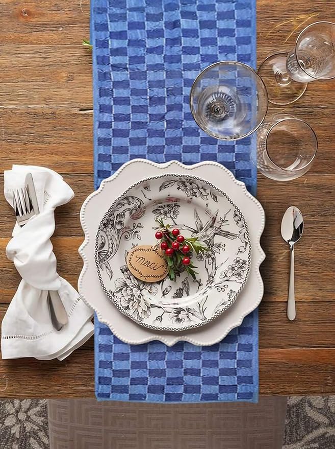 AAYU Denim Table / Bed Runner, Hand Fringed Tape Hand Weaved | 18 Inch X 108 Inch | Premium Quality Denim | Perfect for Wedding, Parties, and Everyday Décor