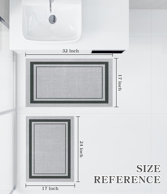 chakme 2 Piece Bathroom Rug Set, Ultra Thin Bath Mat, Quick Dry, Absorbent, Non Slip, Machine Washable, Light Grey, 17"x24"+17"x32"