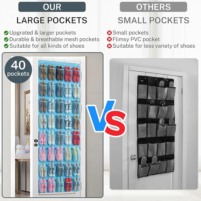 Hualleko 40-Pocket Over the Door Shoe Organizer - Large Mesh Pocket Hanging Shoe Organizer,Behind the Door Shoes Storage Holder Hanger