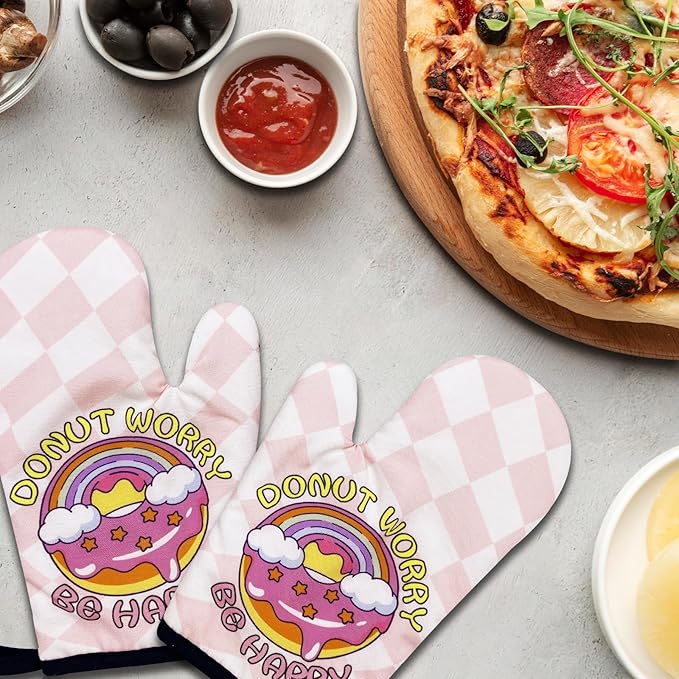 2 Pack Funny Oven Mitts for Women, Donut Worry Be Happy, Heat Resistant Silicone Non-Slip Mitts, Cute Kitchen Gifts for Donut Lovers, Sweet Housewarming Gifts for Hostess Mom Wife Friend