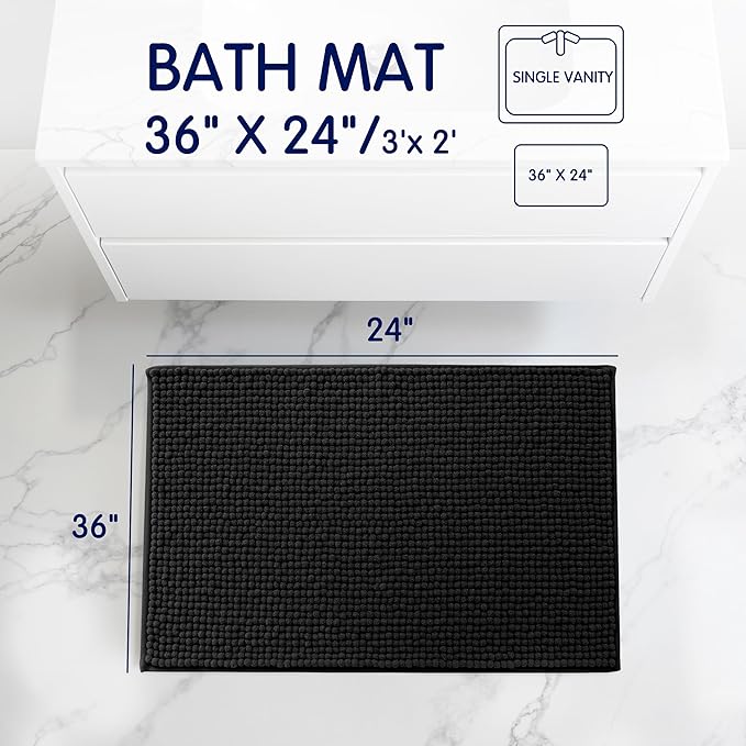 SUBRTEX Bathroom Rugs, 24" x 36" Chenille Bath Rug Soft Short Plush Bath Mat Soft Shower Mat Water Absorbent Shower Mat Quick Dry Machine Washable, Black