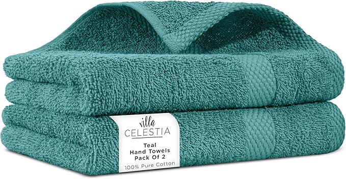 Villa Celestia 100% Cotton Hand Towel Set of 2, (16 x 28 inches) Sustainable, Soft, Highly Absorbent, Quick Drying, Combed Cotton Hand Towels Pack of 2 Ideal for Hotels, Spa, Bathroom, Dorm, Teal