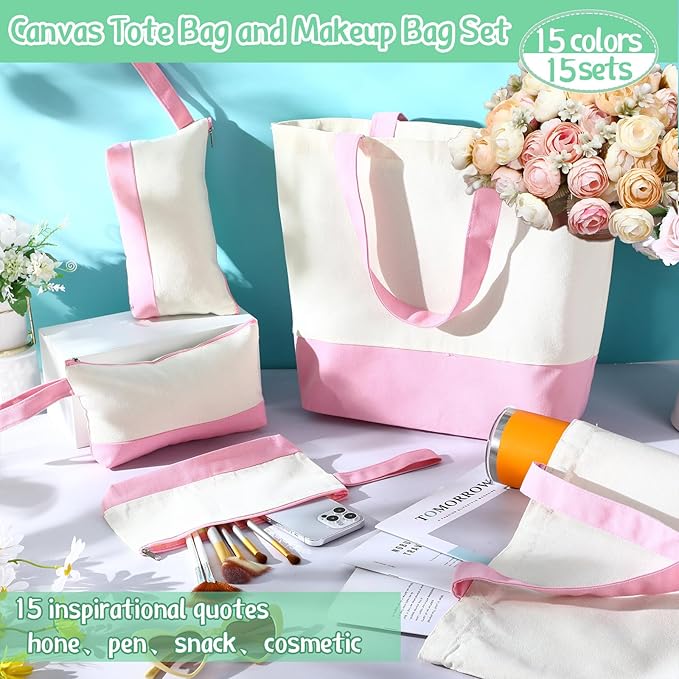 Sanwuta Canvas Tote Bags Bulk with Zipper Cosmetic Pouch 18.5" Reusable Cotton Shopping Bag with Handle for DIY Craft