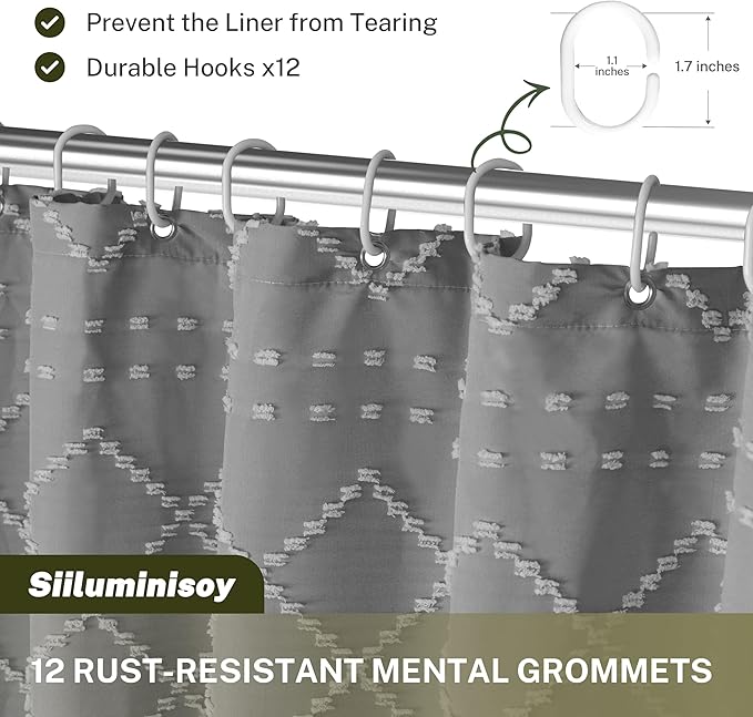 Siiluminisoy Boho Grey Textured Shower Curtain with Tassels 72 x 72 Tufted Chevron Striped Chenille Woven Fabric Cloth Shower Curtain Modern Farmhouse Minimalist, Shabby Chic Home Decor for Bathroom