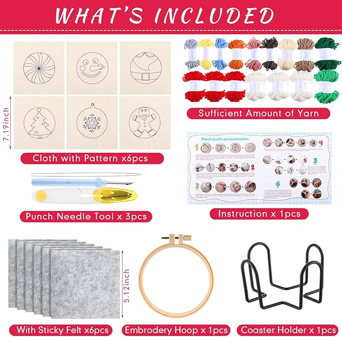 Yaomiao 6 Pcs Christmas Punch Needle Coaster Kit Embroidery Kits Punch Needle Set Craft Supplies with Patterns Yarns Tools Adhesive Felt Embroidery Hoop Instruction Holder for Adult DIY