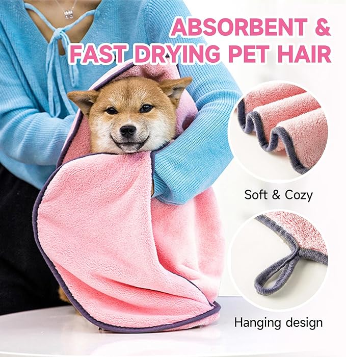 KUEIOX Dog Washing Gloves - Quick Drying Dog Towel,Cat Bath Grooming Gloves Brush with High-Density Teeth for Bathing Massaging，Absorbent Pet Bath Towel 30.3"x13.8" with Hand Pocket for Dog Cat Pink