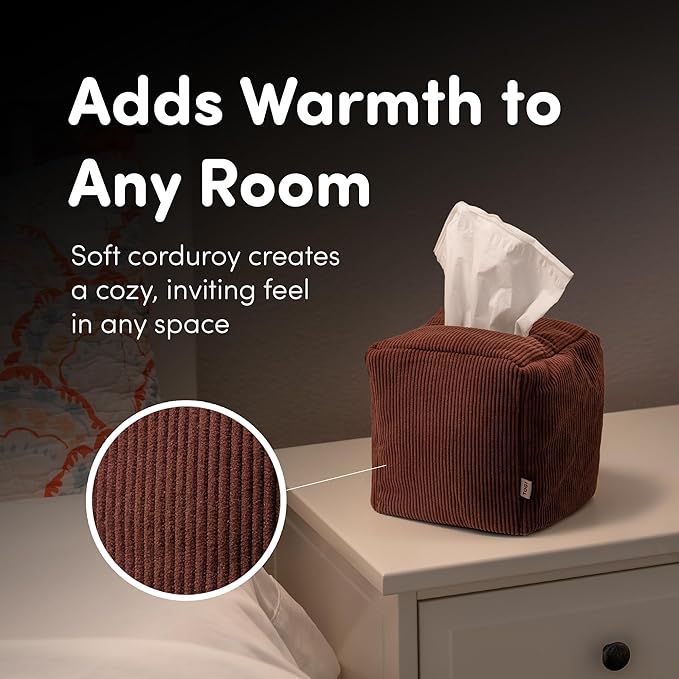 TOGI Corduroy Tissue Box Cover - Soft & Puffy Cube Design Adds a Warm, Cozy Touch - Soft Tissue Box Cover Square Fits Standard Square Boxes from Everyday Brands - Cozy Home & Office Decor - (Brown)