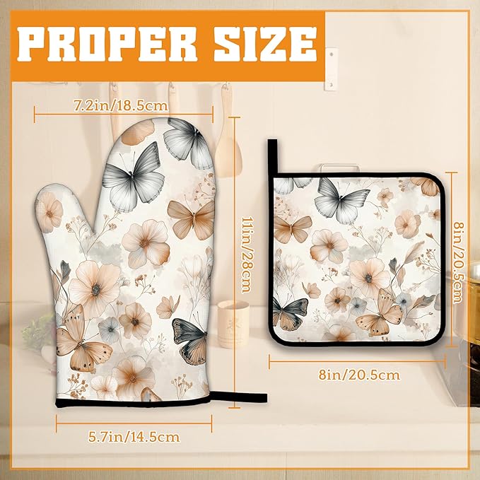 Butterfly Oven Mitts and Pot Holders,Boho Floral Flower Heat Resistant Oven Mitts Gloves and Pot Holder for Home Kitchen Decorations Cooking Baking BBQ Gifts,Set of 4