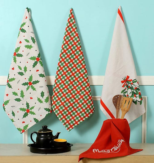 ACCENTHOME Christmas Kitchen Towels - Set of 4 Absorbent Cotton Dish Towels | Merry Christmas Printed Kitchen Linen Tea Towels & Drying Dishes - 20x28 inch