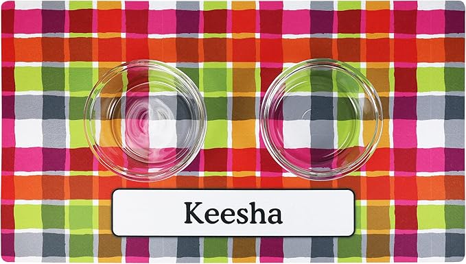 Drymate Personalized Pet Bowl Placemat, Custom Dog & Cat Food Feeding Mat - Absorbent Fabric, Waterproof Backing - Machine Washable/Durable (USA Made) (16" x 28") (Pink Plaid)