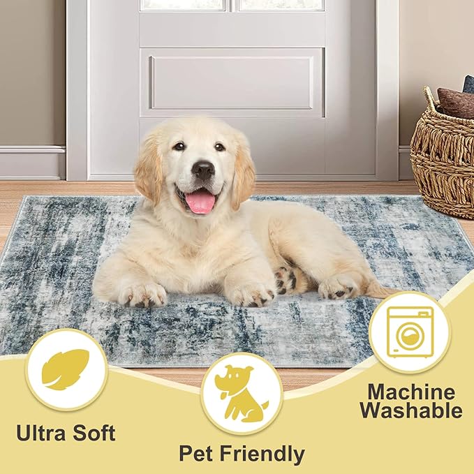 COMSLE Door Mat, Front Door Rug Indoor for Entrance Faux Wool Absorbent Non Slip Modern Throw Rug for Entryway Hallway Muddy Paws - Pet Friendly, 20x32 Inches,Worn Blue Machine Washable