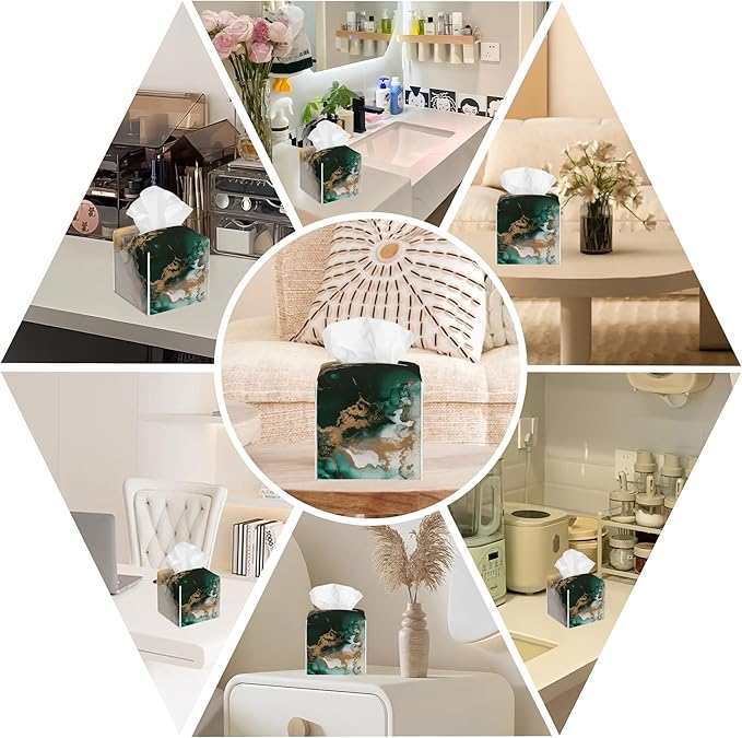 BLYKVGHQ Square Tissue Box Cover Teal and Gold Marble Tissue Box Holder Facial Cube Paper Dispenser Leather Decorative Organizer Home Office Desk Decor, 5.2"x5.2"x5.2"