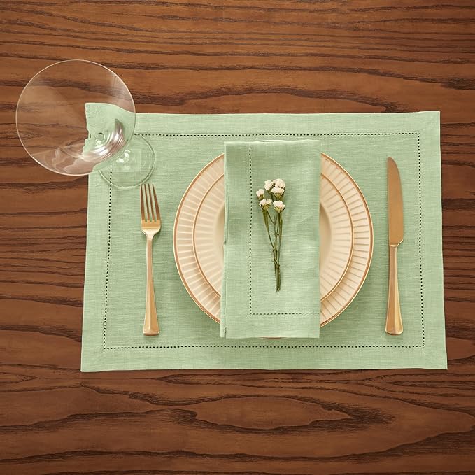 Solino Home Linen Placemats Set of 4 - Milan Hemstitch Pistachio Placemats 14 x 19 Inch - 100% Pure Linen Table Mats for Spring, Easter, St Patricks Day