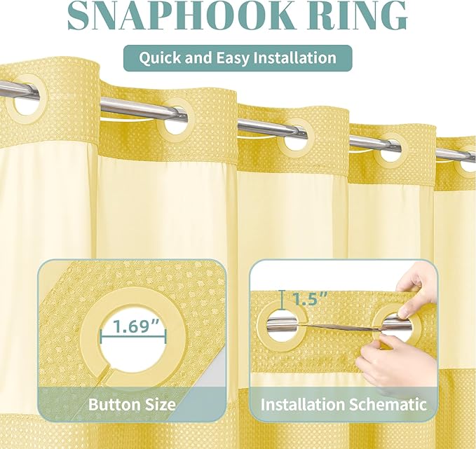 eachope Yellow No Hook Waffle Weave Shower Curtain with snap-in Liner Replacement, 230GSM Waterproof Fabric Hotel Shower Curtain Set for Bathroom, Through Mesh Top Window,71Wx74H