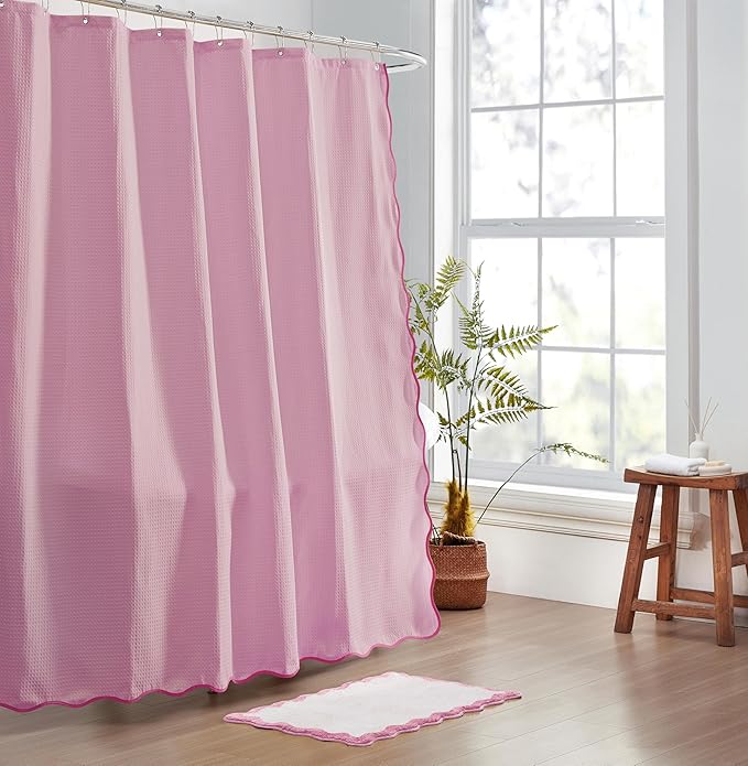 MONDAY MOOSE Scalloped Waffle Weave Shower Curtain with Rustproof Metal Grommet Holes for Bathroom, Machine Washable, Hooks Included (72x72 inch, Hot Pink/Light Pink)