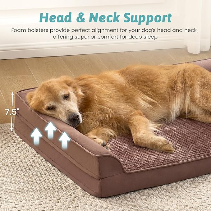 COZY KISS Orthopedic Dog Bed for Large Size Dog, XL Dogs Crate Bed, L Shaped Foam Anti-Slip Bottom Pet Cat Sofa with Washable Removable Cover, Suitable for Pet Up to 100 lbs, 44x32x7 inch, Brown