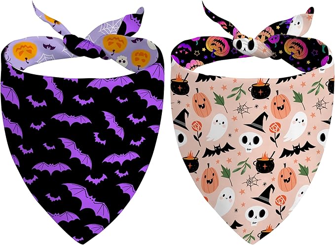 Halloween Dog Bandanas Reversible 2 Pack Small, Cute Pink Pumpkin Ghost Bat Skull Halloween Pet Bandanas Set Adjustable Triangle Holiday Scarves for Small Medium Boy Girl Dogs