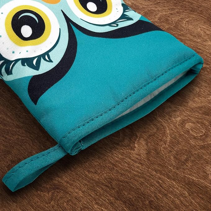 Owl Cute Green Teal Mini Silicone Oven Mitts, Heat Slip Resistant Kitchen Gloves 2-Pack Set, Soft Short Small Oven Mittens Pot Holders for Baking Grilling Barbecue Microwave Gift