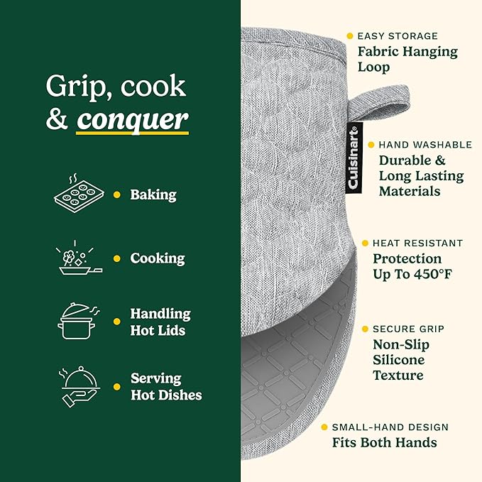 Cuisinart ShieldPro Silicone Oven Mitts – 5” x 8.5” Heat-Resistant Mini Kitchen Mitts for Oven with Non-Slip 100% Silicone Palm, Cotton Filling, and Hanging Loop (Gray)